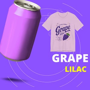 May include: A light purple soda can next to a light purple t-shirt featuring a graphic of grapes and the text "Extra Bubbly Grape Soda Sweet & Fizzy". The words "GRAPE" and "LILAC" appear in large white and yellow text against a purple background.