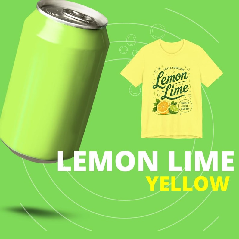 May include: A light green aluminum soda can positioned next to a pale yellow short-sleeve t-shirt. The shirt features a graphic with the text "Lemon Lime," "Zesty & Refreshing," and "Bright Cool Bubbly," along with illustrations of a lemon and lime.