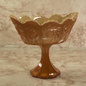 Vintage Fenton Chocolate Slag Pedestal Glass Dish - Carved Star Pattern