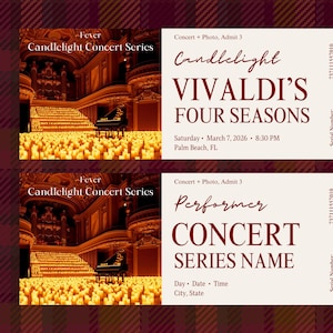 Puede incluir: Dos entradas para conciertos con un fondo a cuadros burdeos. La entrada superior es para un concierto "Candlelight Vivaldi's Four Seasons". La entrada inferior es para una serie de conciertos. Ambas entradas tienen una imagen de piano.