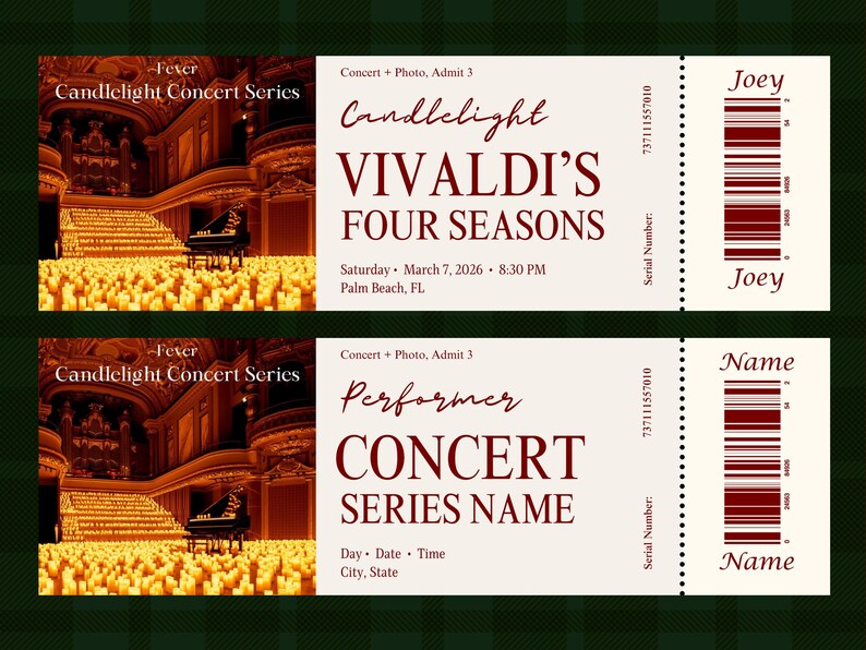 Puede incluir: Dos entradas para conciertos con fondo crema y texto burdeos. La entrada superior dice "Candlelight Vivaldi's Four Seasons" con fecha y hora. La entrada inferior dice "Performer CONCERT SERIES NAME".