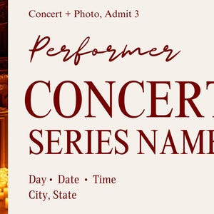 Puede incluir: Un boleto crema para la serie de conciertos Fever Candlelight. El boleto presenta texto burdeos y un c&oacute;digo de barras. Los detalles incluyen el nombre del concierto, el artista, la fecha, la hora y la ciudad. El fondo muestra una sala de conciertos con un piano y velas.