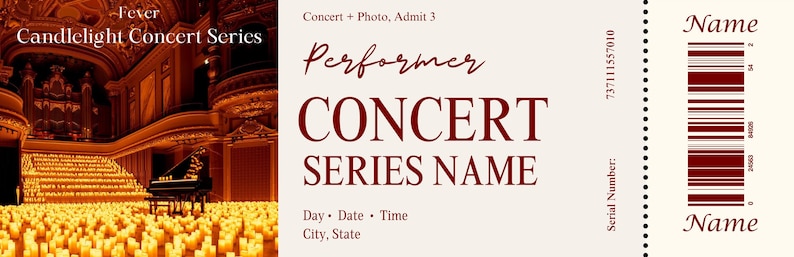Puede incluir: Un boleto crema para la serie de conciertos Fever Candlelight. El boleto presenta texto burdeos y un c&oacute;digo de barras. Los detalles incluyen el nombre del concierto, el artista, la fecha, la hora y la ciudad. El fondo muestra una sala de conciertos con un piano y velas.