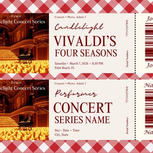 Puede incluir: Dos entradas para un concierto con un borde a cuadros rojo y blanco. Las entradas presentan un concierto de m&uacute;sica cl&aacute;sica con el texto "Candlelight Vivaldi's Four Seasons" y una imagen de un piano en un escenario.