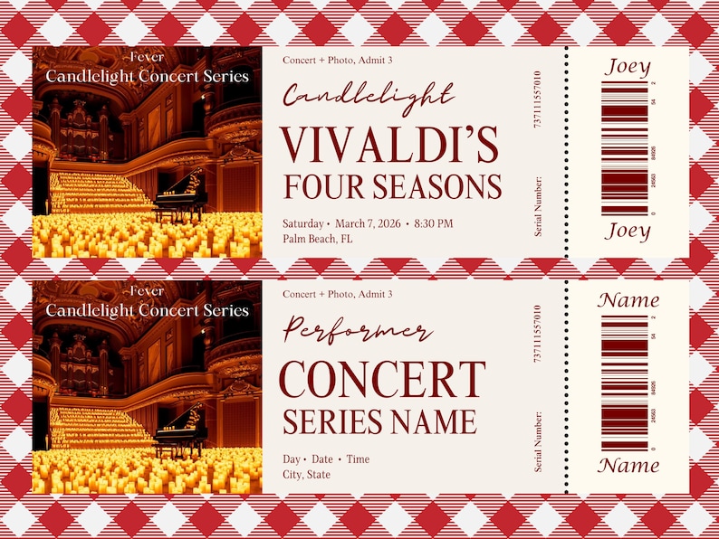Puede incluir: Dos entradas para un concierto con un borde a cuadros rojo y blanco. Las entradas presentan un concierto de m&uacute;sica cl&aacute;sica con el texto "Candlelight Vivaldi's Four Seasons" y una imagen de un piano en un escenario.