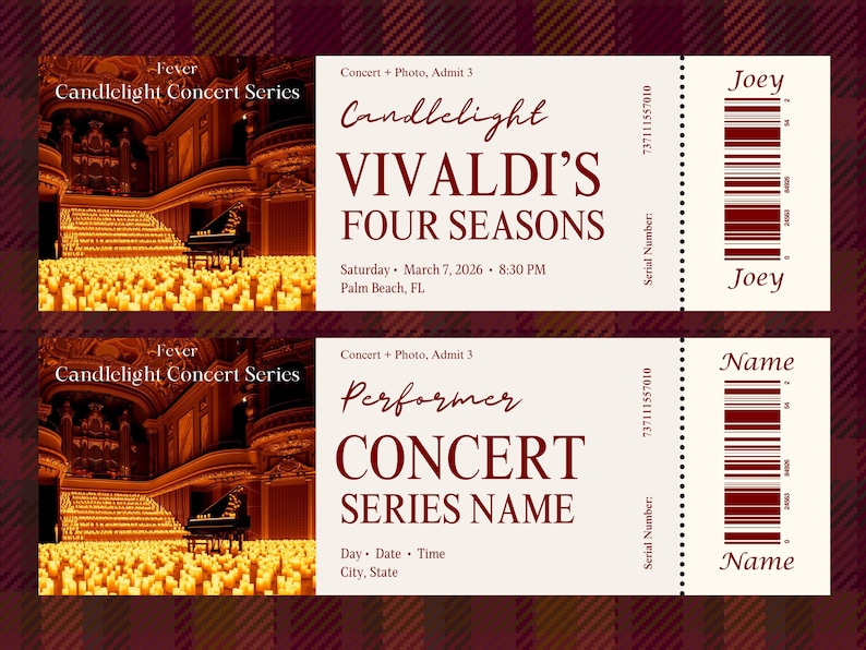 Puede incluir: Dos entradas para conciertos con un fondo a cuadros burdeos. La entrada superior es para un concierto "Candlelight Vivaldi's Four Seasons". La entrada inferior es para una serie de conciertos. Ambas entradas tienen una imagen de piano.
