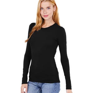 Women&#39;s Basic Solid Lightweight Soft Cotton Long Sleeve Crew Neck & V Neck Slim Top Shirts Plus (S-2XL)