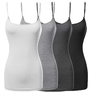 May include: Four sleeveless tank tops in white, gray, dark gray, and black. The tank tops are made of a soft, stretchy fabric and have a relaxed fit.