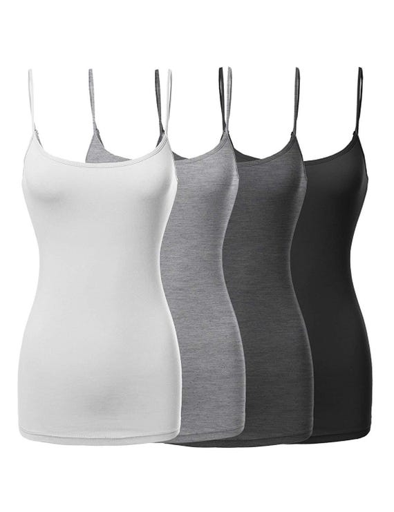 4 Pack Women's Basic Long Camisoles - Cotton Spandex Cami Tank Tops With Adjustable Spaghetti Straps