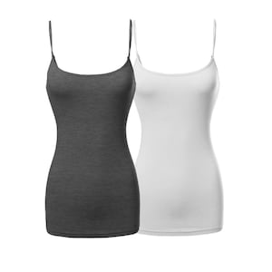 May include: Two sleeveless tank tops, one in dark gray and one in white. Both tops have a simple, fitted design.