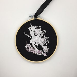 Gothic witch On a broomstick embroidery hoop alternative home decor