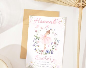 May include: A pink and white birthday invitation with a floral wreath and a ballerina illustration. The text reads "Hannah's 4th Birthday, March 13th 3pm, 123 Anywhere Street, City, State 12345".