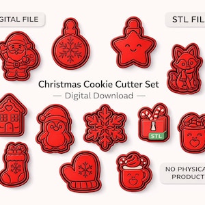 Puede incluir: Un conjunto de cortadores de galletas navideñas rojos con diversas formas, incluyendo Papá Noel, una estrella, un zorro, una casa, un pingüino, un copo de nieve, un regalo, un guante y una taza. El texto "Christmas Cookie Cutter Set - Digital Download" también está presente.