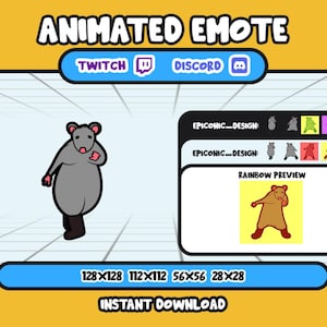 以下が含まれることがあります： TwitchとDiscord向けにデザインされた、ピンクのアクセントが付いた灰色の漫画のネズミが特徴のアニメーション絵文字グラフィック。画像には、虹色のクマの絵文字のプレビューと、即時ダウンロード用のさまざまなサイズオプションが含まれています。