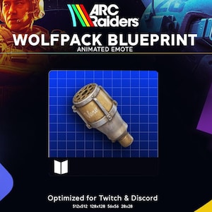 Könnte beinhalten: Werbung für einen animierten Emote, "Wolfpack Blueprint", für Twitch und Discord. Das Bild zeigt einen detaillierten Bauplan eines zylindrischen Objekts mit dem Wort "Vene" darauf, vor einem blauen Rasterhintergrund. Das Arc Raiders-Logo befindet sich oben.