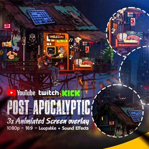 Può includere: Illustrazione digitale animata a tema post-apocalittico. L'immagine presenta una struttura multilivello dettagliata con una persona che suona la chitarra. Il testo include "POST APOCALYPTIC" e "3x Animated Screen overlay". Tavolozza di colori scuri con accenti al neon.