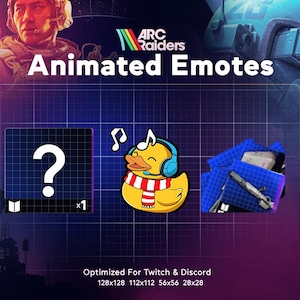 May include: Image promoting "ARC Raiders" animated emotes. The image features a question mark icon, a yellow duck with headphones and a scarf, and a stack of blue squares. Text reads "Animated Emotes" and "Optimized For Twitch & Discord."