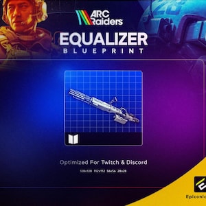 Puede incluir: Un plano digital de un arma Equalizer, sobre un fondo degradado azul y morado. La imagen incluye el texto "Equalizer Blueprint" y "Optimized For Twitch & Discord". El logotipo de Arc Raiders es visible en la parte superior.