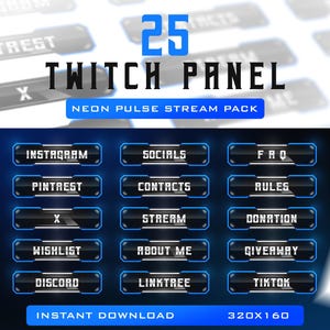 25 Neon Blue Twitch Panels: Minimalist Stream Pack (PSD Included)