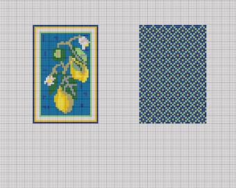 May include: Cross-stitch artwork featuring a lemon branch with yellow lemons, white blossoms, and green leaves against a blue background. The artwork is framed in a yellow border. A separate blue and green patterned fabric is also shown.