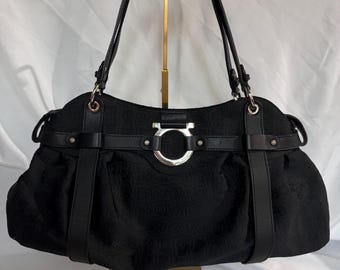 Salvatore Ferragamo Gancini Shoulder Bag in Black Jacquard Canvas and leather. Mint condition
