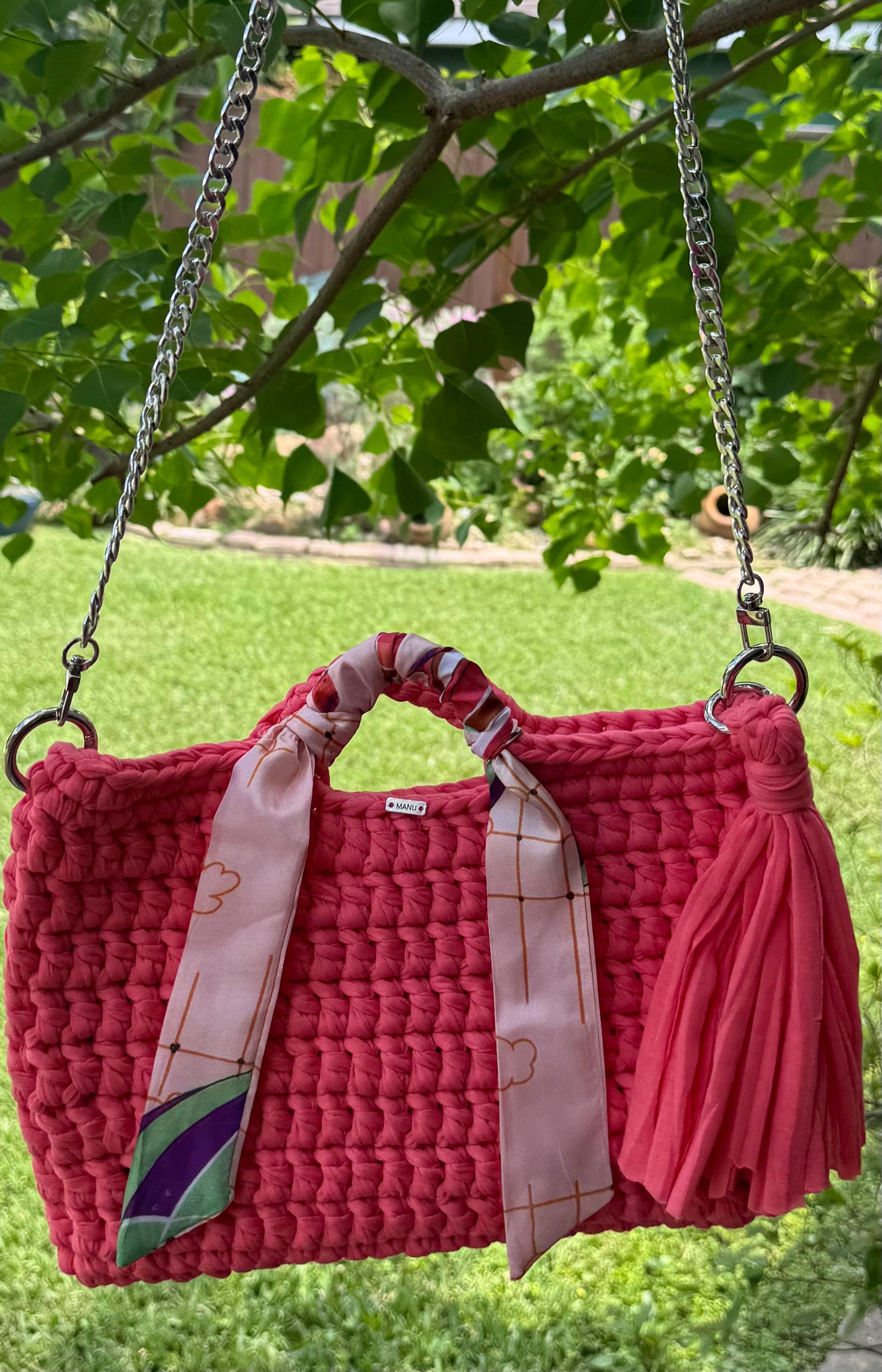 Petit Sac Bandoulière Au Crochet Fait Main - Rose Saumon, Coton/polyester, 25x19 Cm