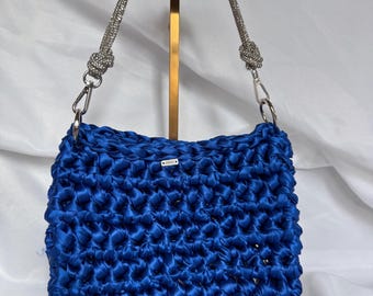 Crochet Sparkle & Satin ,  Blue Glam Purse with Rhinestone Handle