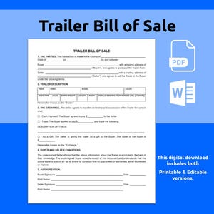 Trailer Bill of Sale. For trailer, open trailer, enclosed trailer.