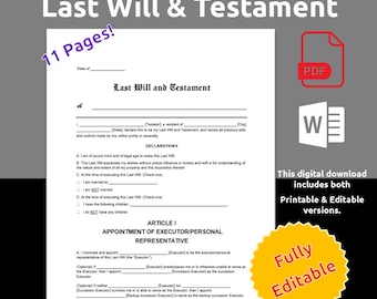 Last Will and Testament Template: Editable PDF & Word (Instant Download)