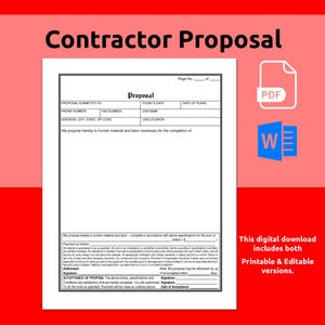 May include: A printable and editable contractor proposal template in PDF and Word format. The template includes sections for proposal details, payment terms, and acceptance of proposal.