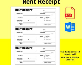 Rent Receipt. Rental payment receipt for landlords, tenants, rentals. 3 receipts to a page.
