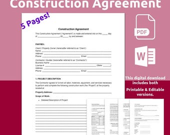 Construction Agreement. For contractors, homeowners.