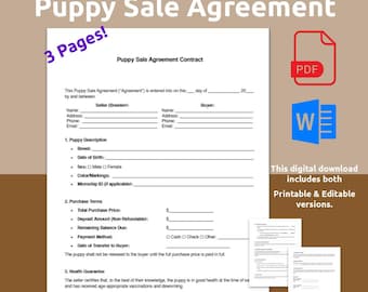 Puppy Sale Agreement Contract. For puppy sales, dog sales, breeder.