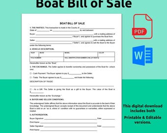 Boat / Vessel Bill of Sale. For boat, vessel, jet ski, watercraft.