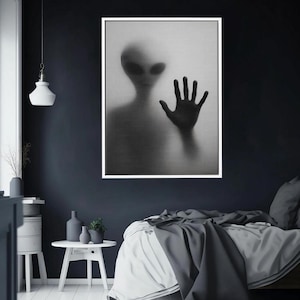 Alien Silhouette Art Print, Mysterious Sci-Fi Wall Art, Extraterrestrial Behind Glass Poster, Futuristic Alien Hand Canvas Decor