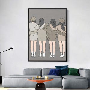 Minimalist Friendship Wall Art Canvas, Four Girls Illustration Print, Best Friend Poster Gift, Sisterhood Artwork, Modern Line Art Decor