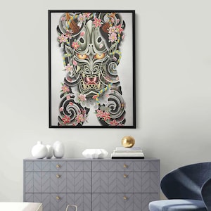 Impressão artística de tatuagem de máscara japonesa Hannya, decoração de parede de demônio Oni, pôster de flor de cerejeira em estilo japonês, arte de mitologia sombria