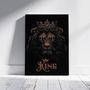 Impression sur toile Roi Lion, Portrait de lion minimaliste élégant et puissant, Couronne royale, Art mural masculin | Combinaison de couleur or noir