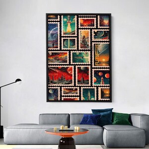 Retro Space Adventure, Vintage Sci Fi Stamp Art on Canvas, Futuristic Space Travel Wall Art | Mid Century Modern Astronaut Decor, Canvas Art