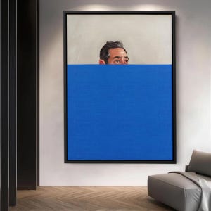 Minimalistisch canvas manportret – gewaagde blauwe moderne muurkunst, hedendaags gezicht detailschildering, uniek figuratief huisdecorcadeau