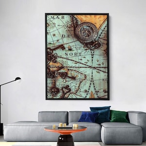 Canvas vintage wereldkaart en kompas, antieke sleutels retro muurkunst, nostalgische huis- of kantoordecoratie met ontdekkingsreizigerthema
