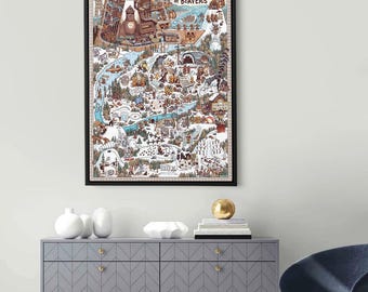 Hundreds of Beavers Map Poster, Hilarious Detailed Film Art for Fun Wall Decor, Canvas or Print