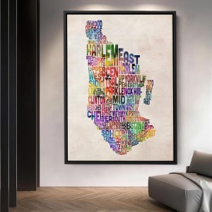 Impression sur toile, typographie colorée de la carte de Manhattan, art mural de la ville de New York, décoration moderne pour le bureau et la maison, design urbain