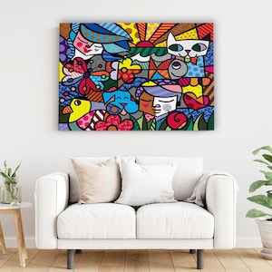 Animales y personas de arte pop colorido: alegre arte abstracto de pared con flores – Lienzo decorativo moderno