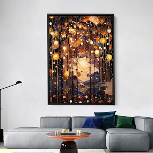 Fairy Light Forest Canvas Wall Art, Dreamy Abstract Sunset Landscape, Warm Lights Painting, Mystical Nature Print for Living Room Decor