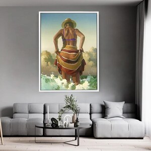 Vintage Strandfrau Wandkunst, Nostalgische Sommerplakate, Ozeanlandschafts-Leinwand, buntes Küstendekor