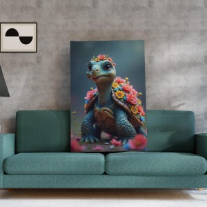Cute Flower Turtle Art Print – Whimsical Floral Tortoise Illustration, Colorful Animal Wall Decor, Nature-Inspired Nursery Room Poster