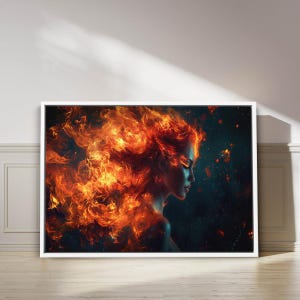 Fiery Woman Digital Art Print – Powerful Flame Hair Fantasy Portrait, Dark Background Wall Decor, Bold Surreal Fire Element Canvas