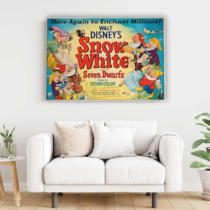 Disney Classic Fairy Tale Poster 1944, Snow White and the Seven Dwarfs Vintage Canvas Print, Nostalgic Wall Art
