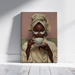 Self-Care Woman Portrait Canvas, Spa Day Painting, Elegant Black Woman Wall Art, Modern Feminine Decor, Tea Time Bathroom Illustration